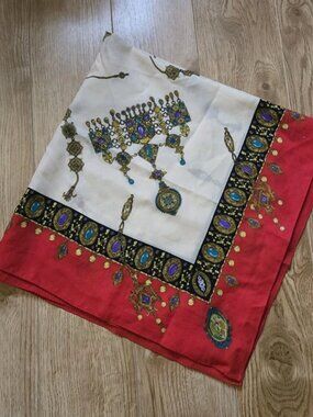 VINTAGE Scarf in Crown Pattern. Rich Red & Gold w Jewel Tone Detail 30" x 30"